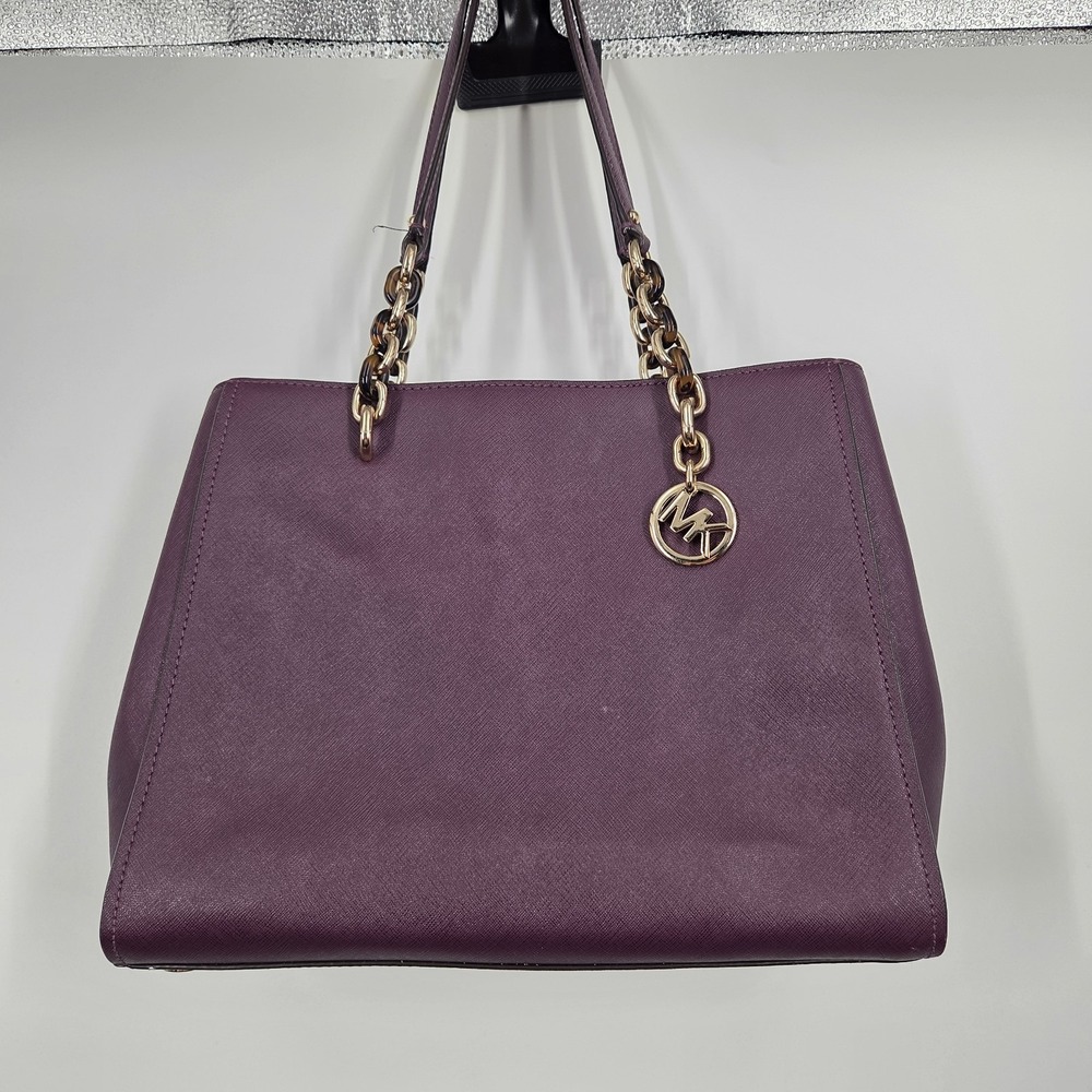 Michael Kors Purple Leather  Sofia Shoulder Bag Gold Chain Logo Charm Work